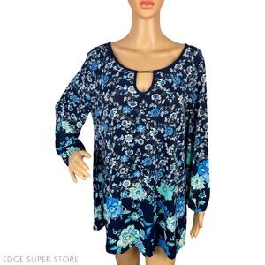 Modern Attraction Dark Blue Floral Print Long Sleeve Keyhole Blouse Top Size XL